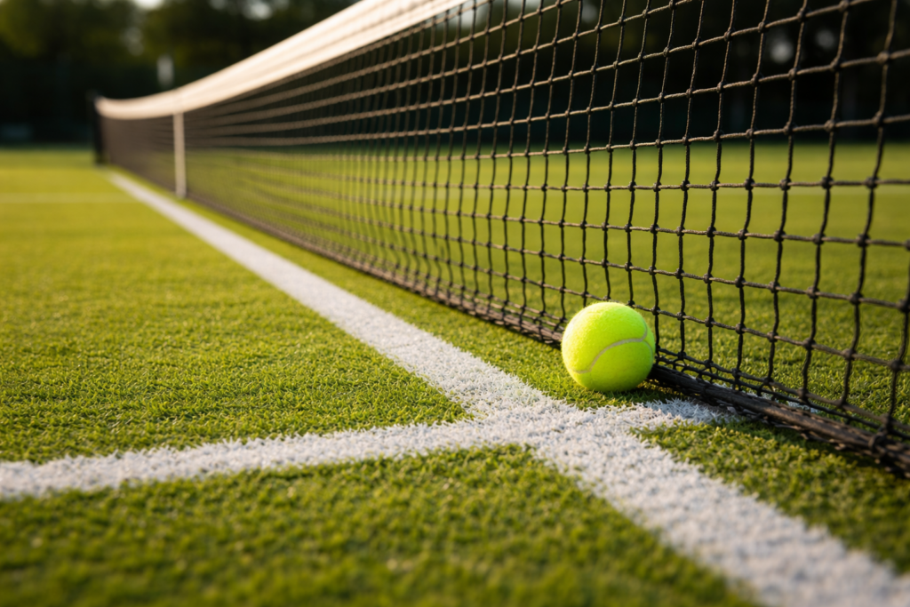 Tennis court with ball for tennis technique analysis and online coaching